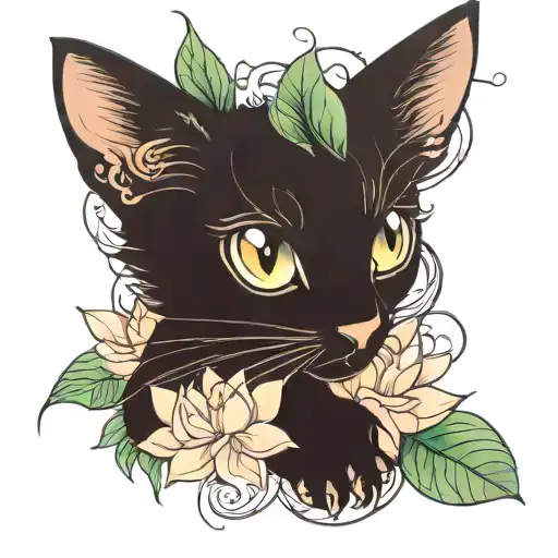 Black cat with lotus flower tattoo design idea