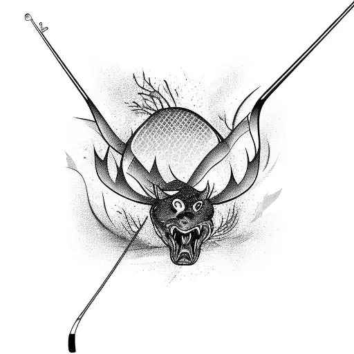 A hockey stick and a fishing rod crossed over each other tattoo design idea