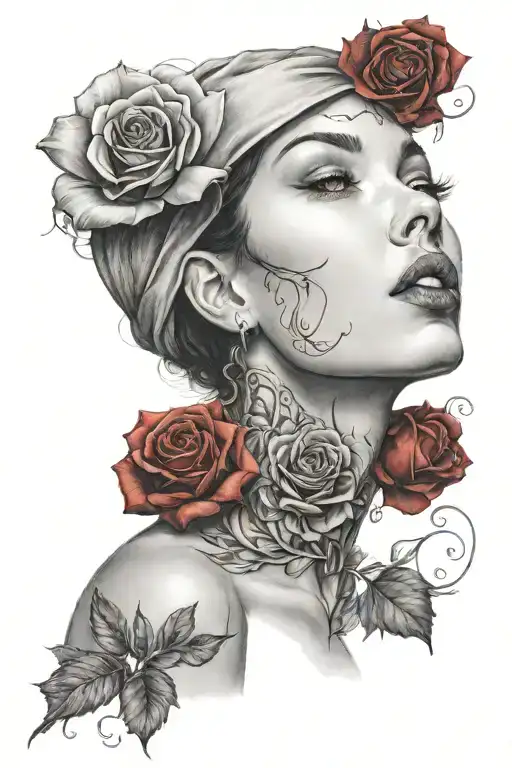 realistic woman face with red rose at neck location tattoo design idea