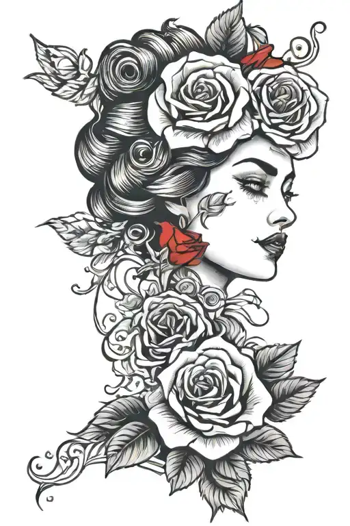 realistic woman face with red rose at neck location tattoo design idea
