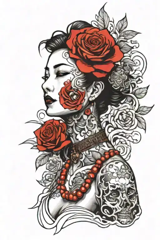 realistic woman face with red rose at neck location tattoo design idea
