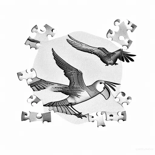 A puzzle piece transforming into a flock of birds soaring in the sky tattoo design idea