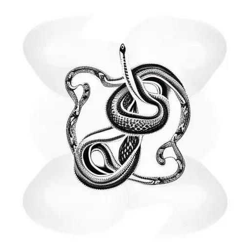Create a dynamic leg sleeve tattoo featuring two intertwining snakes, one white and one black, symbolizing balance and duality. The white snake's scales should be highlighted with vibrant red accents, while the black snake's highlights should be in striking white. The snakes should wrap around the leg, with one segment encompassing the knee, split into halves—one half white and the other half black—to represent opposing forces merging. In the background, incorporate a majestic cherry blossom tree, rooted at the base with the Japanese symbol for 'family.' Adorn each of the six branches with cherry blossoms and Japanese symbols representing 'unbreakable,' 'raw,' 'dreamer,' 'earth,' 'evolving,' and 'elegance.' Utilize traditional Japanese style waves to fill in any remaining gaps, adding depth and movement to the composition. At the top of the quad, include a traditional sunset scene, infused with vibrant colors to evoke a sense of warmth and tranquility. Ensure the entire design is cohesive, blending seamlessly to tell a story of resilience, growth, and the beauty of nature. tattoo design idea