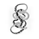 Create a dynamic leg sleeve tattoo featuring two intertwining snakes, one white and one black, symbolizing balance and duality. The white snake's scales should be highlighted with vibrant red accents, while the black snake's highlights should be in striking white. The snakes should wrap around the leg, with one segment encompassing the knee, split into halves—one half white and the other half black—to represent opposing forces merging. In the background, incorporate a majestic cherry blossom tree, rooted at the base with the Japanese symbol for 'family.' Adorn each of the six branches with cherry blossoms and Japanese symbols representing 'unbreakable,' 'raw,' 'dreamer,' 'earth,' 'evolving,' and 'elegance.' Utilize traditional Japanese style waves to fill in any remaining gaps, adding depth and movement to the composition. At the top of the quad, include a traditional sunset scene, infused with vibrant colors to evoke a sense of warmth and tranquility. Ensure the entire design is cohesive, blending seamlessly to tell a story of resilience, growth, and the beauty of nature. tattoo design idea