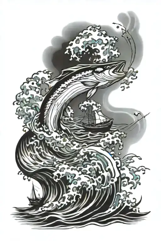 sea, waves crashing, fishing, loves, boat sailing tattoo design idea