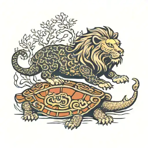 Lion turtle with world tree growing from shell tattoo design idea