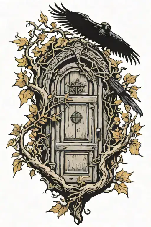 door with an elf peeking out and a crow perched on a tree tattoo design idea