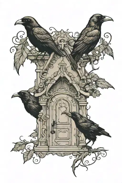 a door, an elf and a crow perched on tattoo design idea