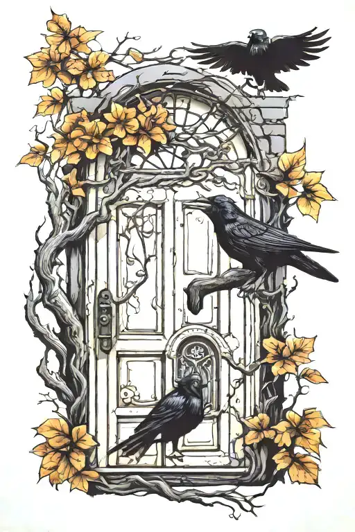 door with an elf peeking out and a crow perched on a tree tattoo design idea