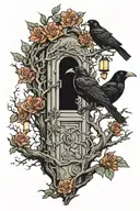 door with an elf peeking out and a crow perched on a tree tattoo design idea