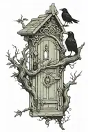door with an elf peeking out and a crow perched on a tree tattoo design idea