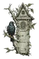door with an elf peeking out and a crow perched on a tree tattoo design idea