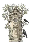 door with an elf peeking out and a crow perched on a tree tattoo design idea