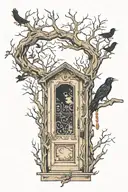 door with an elf peeking out and a crow perched on a tree tattoo design idea