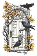 door with an elf peeking out and a crow perched on a tree tattoo design idea