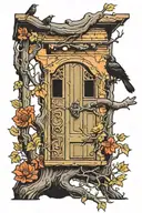 door with an elf peeking out and a crow perched on a tree tattoo design idea