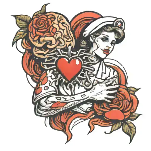 nurse holding heart and brain tattoo design idea