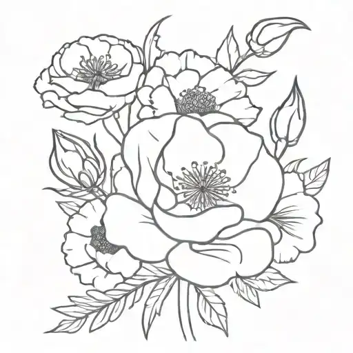 Flower bouquet fine line with rose, poppy, violet, and 2 carnations  tattoo design idea