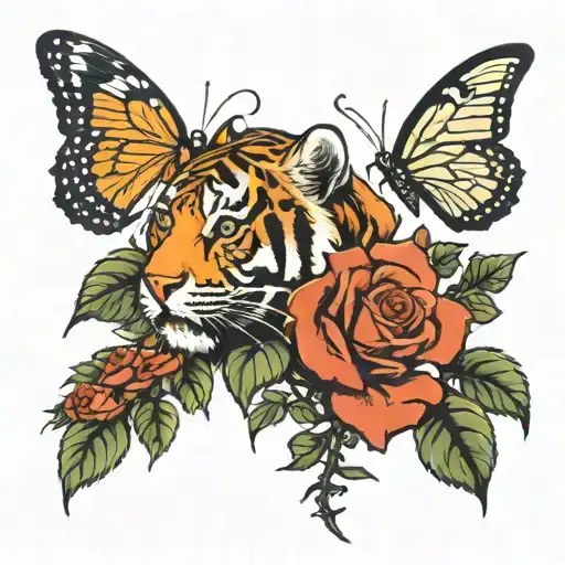 Roses wrapping, vines wrapping, butterfly's flying, tiger tattoo design idea