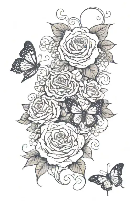 roses blooming, vines wrapping, butterflies flying, tigers tattoo design idea