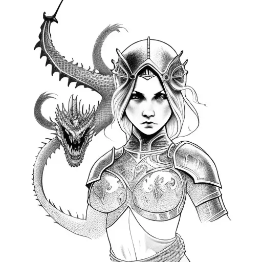 girl in half torso armor, holding a sword with both hands and a dragon behind her tattoo design idea