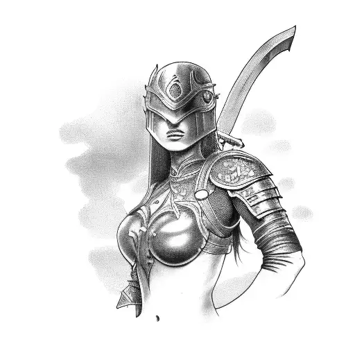 girl in half torso armor, holding a sword with both hands and a dragon behind her tattoo design idea