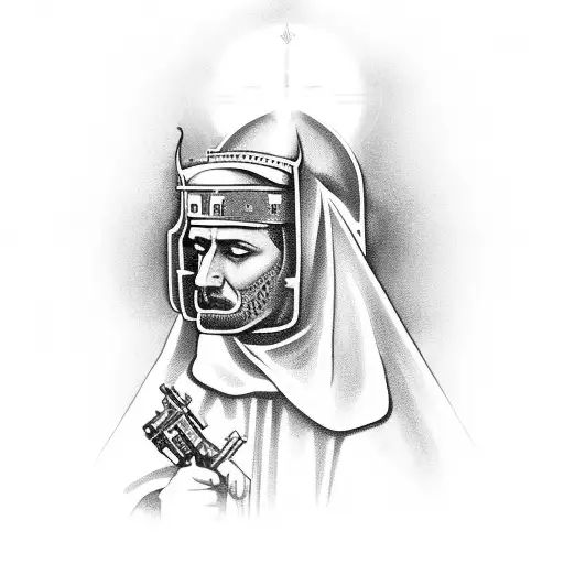 A patron saint holding a machine gun with divine light radiating from it tattoo design idea