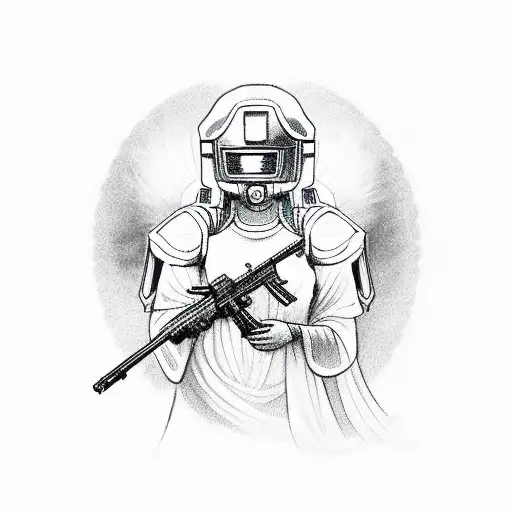 female patron saint with halo and machine gun  tattoo design idea