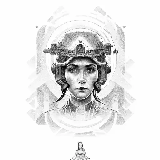 A female soldier with a halo and a machine gun tattoo design idea