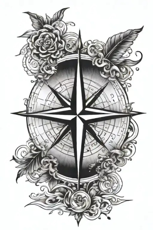 A rustic compass rose with each direction pointing to a different aspect of the client's life - family, hunting, water, and New Orleans tattoo design idea