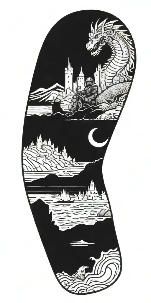 Medieval knight sitting by camp fire by the ocean with dragon and castle in the back with sun in sky tattoo design idea