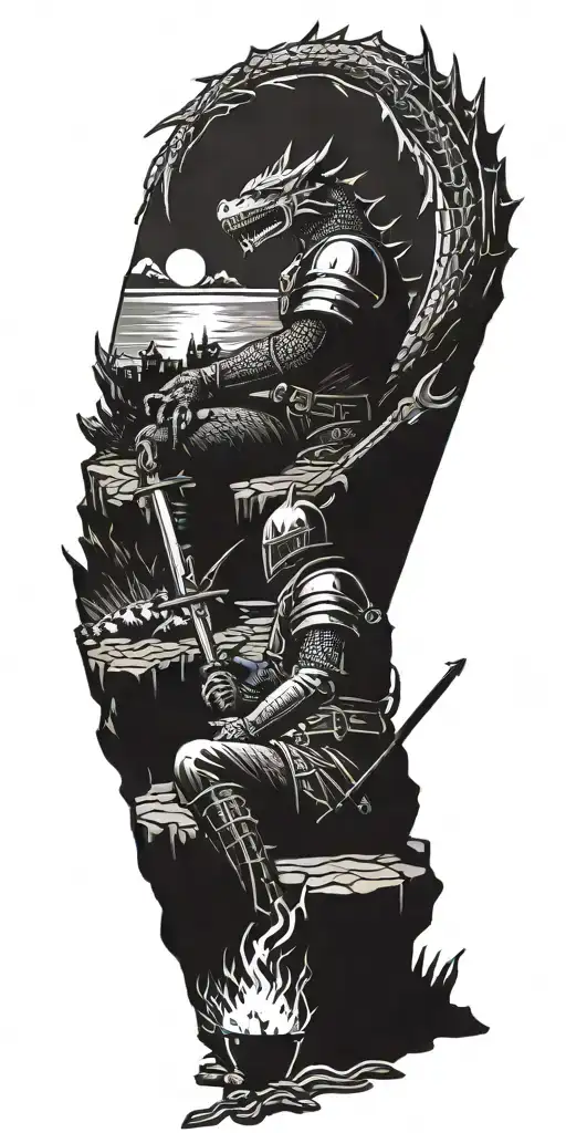 Medieval knight sitting by camp fire by the ocean with dragon and castle in the back  tattoo design idea