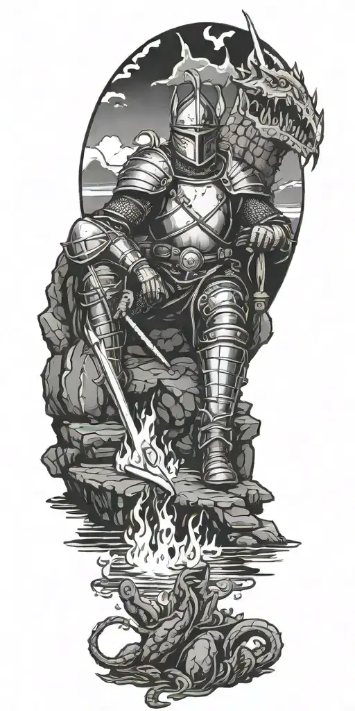 Medieval knight sitting by camp fire by the ocean with dragon and castle in the back  tattoo design idea