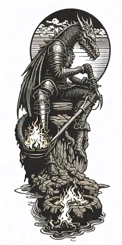 Medieval knight sitting by camp fire by the ocean with dragon and castle in the back with sun in sky tattoo design idea