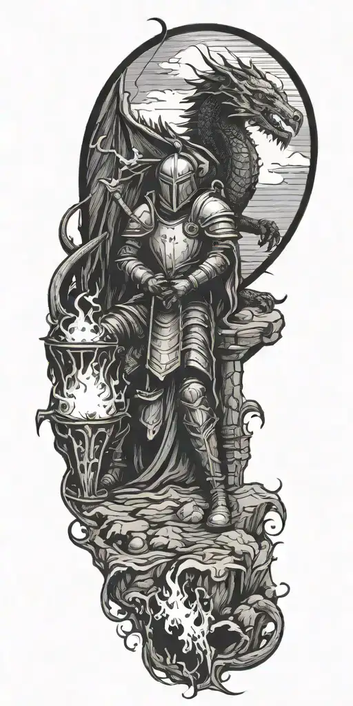 Medieval knight sitting by camp fire by the ocean with dragon and castle in the back with sun in sky tattoo design idea