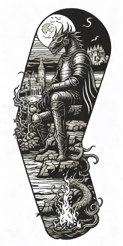 Medieval knight sitting by camp fire by the ocean with dragon and castle in background  tattoo design idea