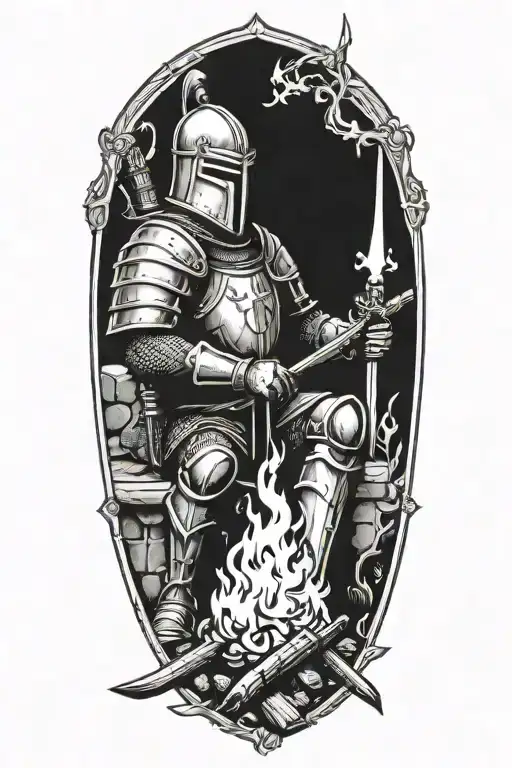 medieval knight sitting by camp fire with sword  tattoo design idea
