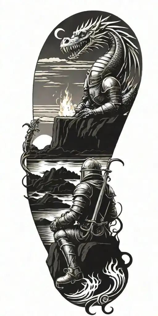 Medieval knight sitting by camp fire by the ocean with dragon and castle in the back with sun in sky tattoo design idea