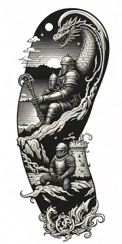 Medieval knight sitting by camp fire by the ocean with dragon and castle in the back with sun in sky tattoo design idea