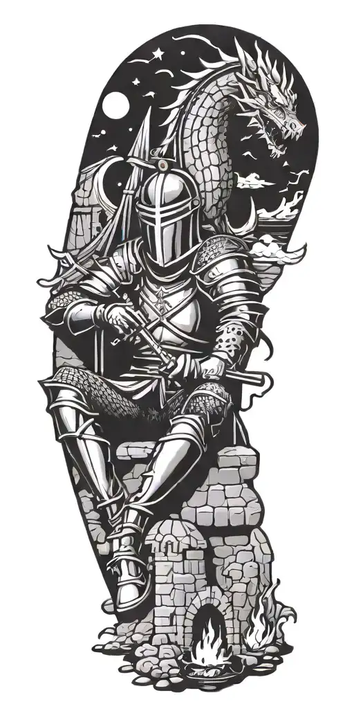 Medieval knight sitting by camp fire by the ocean with dragon and castle in the back with sun in sky tattoo design idea