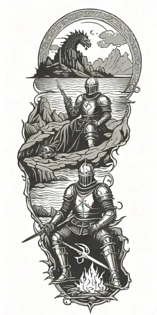 Medieval knight sitting by camp fire by the ocean with dragon and castle in the back with sun in sky tattoo design idea
