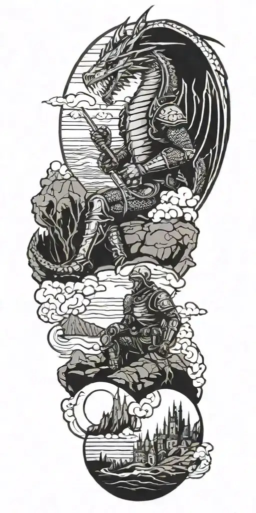 Medieval knight sitting by camp fire by the ocean with dragon and castle in the back with sun in sky tattoo design idea