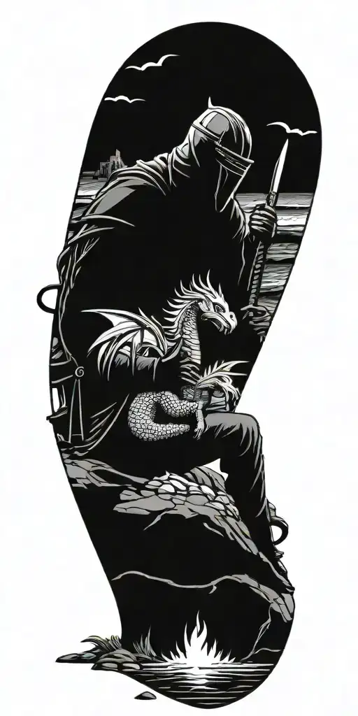 Medieval knight sitting by camp fire by the ocean with dragon and castle in the back  tattoo design idea