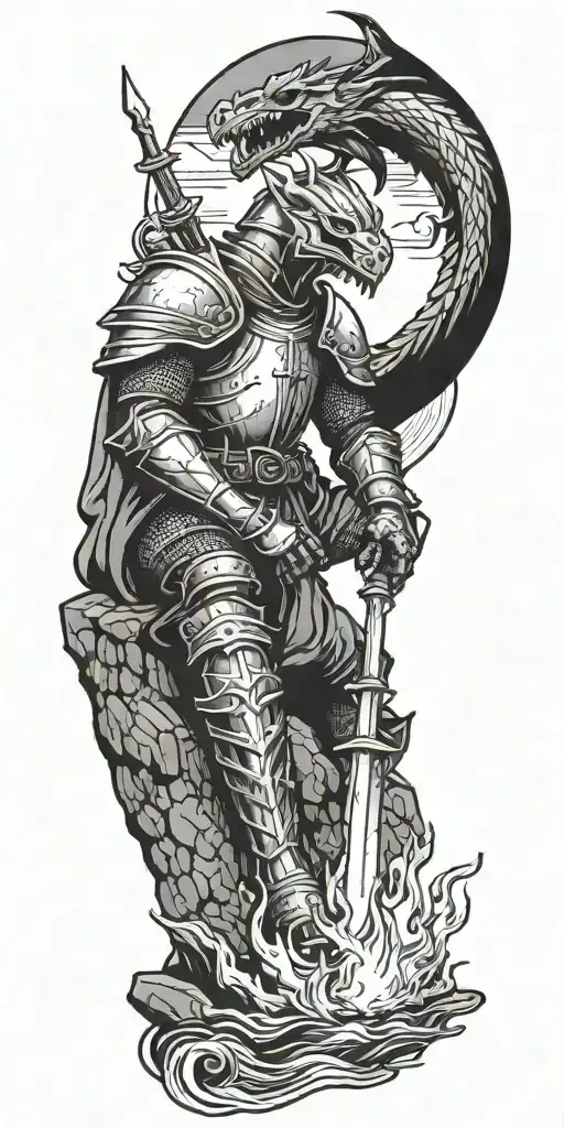 Medieval knight sitting by camp fire by the ocean with dragon and castle in the back with sun in sky tattoo design idea