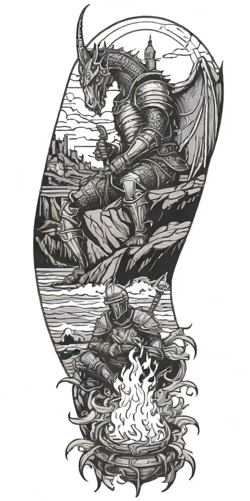 Medieval knight sitting by camp fire by the ocean with dragon and castle in the back with sun in sky tattoo design idea