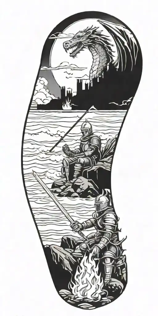 Medieval knight sitting by camp fire by the ocean with dragon and castle in the back with sun in sky tattoo design idea