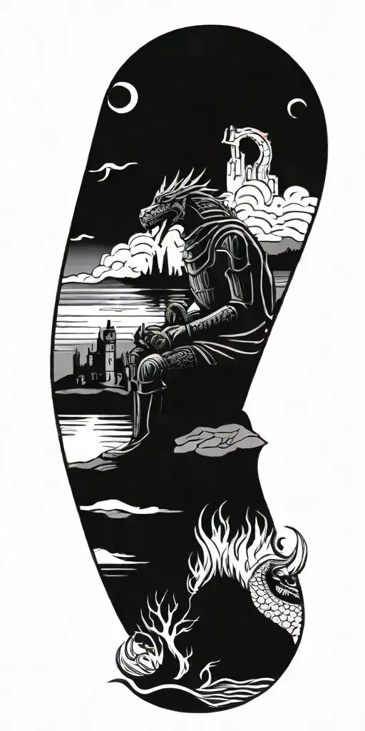 Medieval knight sitting by camp fire by the ocean with dragon and castle in the back with sun in sky tattoo design idea