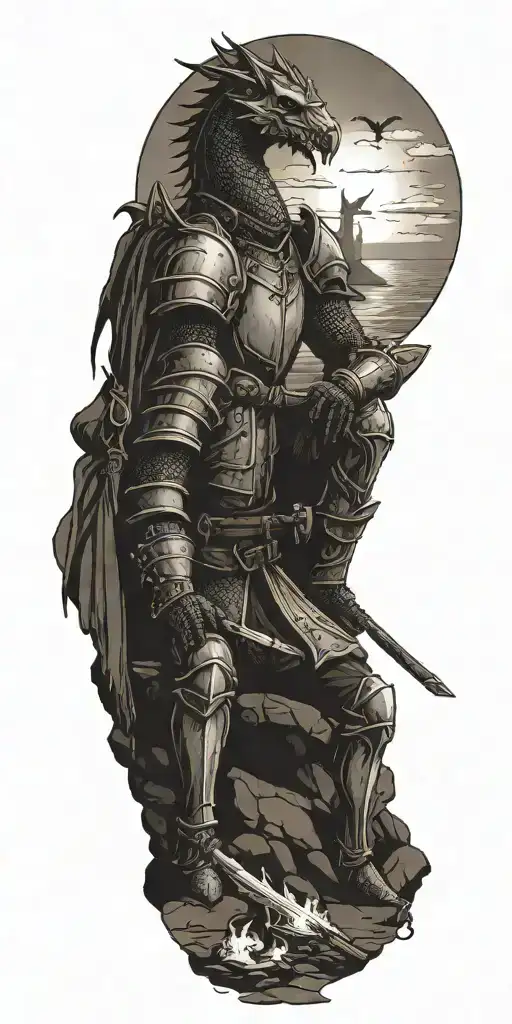 Medieval knight sitting by camp fire by the ocean with dragon and castle in the back with sun in sky tattoo design idea