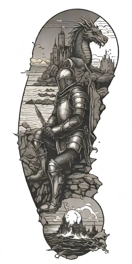 Medieval knight sitting by camp fire by the ocean with dragon and castle in the back with sun in sky tattoo design idea