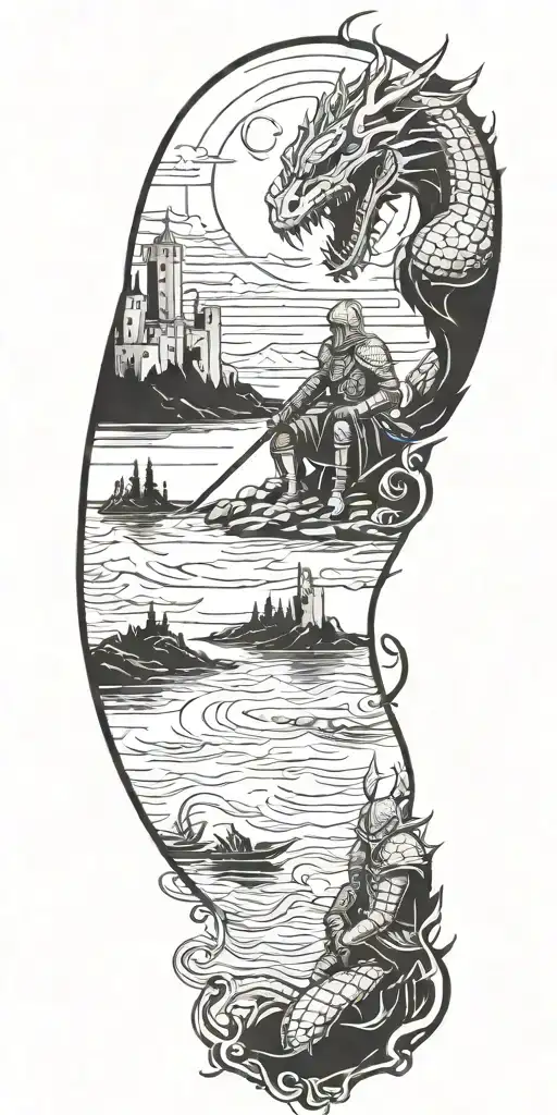 Medieval knight sitting by camp fire by the ocean with dragon and castle in the back with sun in sky tattoo design idea